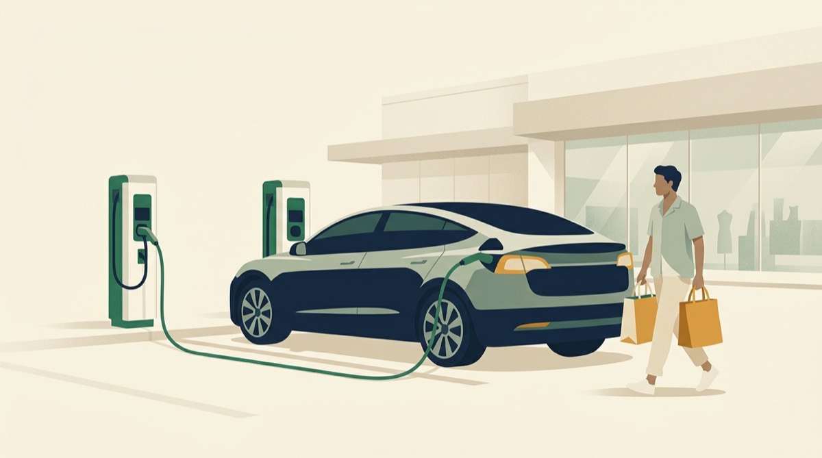 Illustration of an electric car charging outside a shopping centre while a person returns with shopping bags