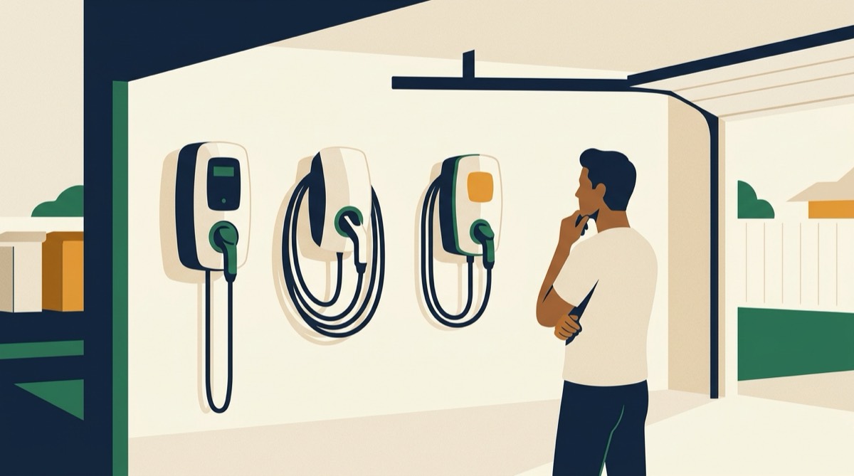 Illustration of a person in a garage comparing three wall-mounted home EV chargers