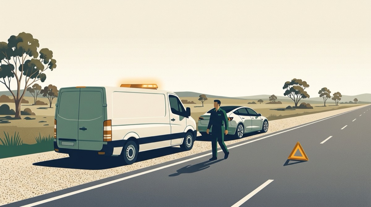 Illustration of an unmarked roadside assistance van parked behind an electric car on a highway shoulder
