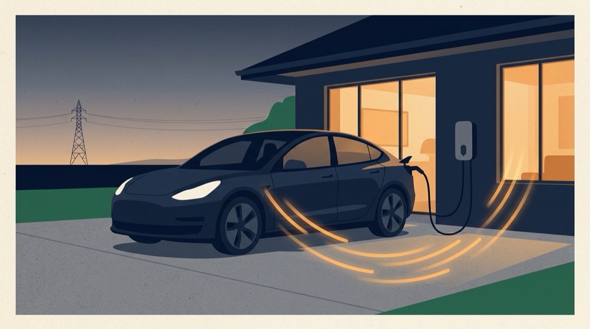 Illustration of an electric car at dusk feeding power back through a wall charger into a lit Australian home, with a transmission tower on the horizon