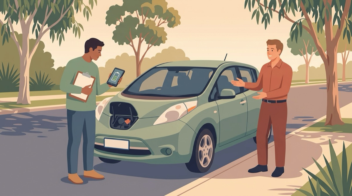 Illustration of a buyer with a clipboard and a tablet showing a battery icon, inspecting the open charging port of a used electric hatchback while the seller looks on