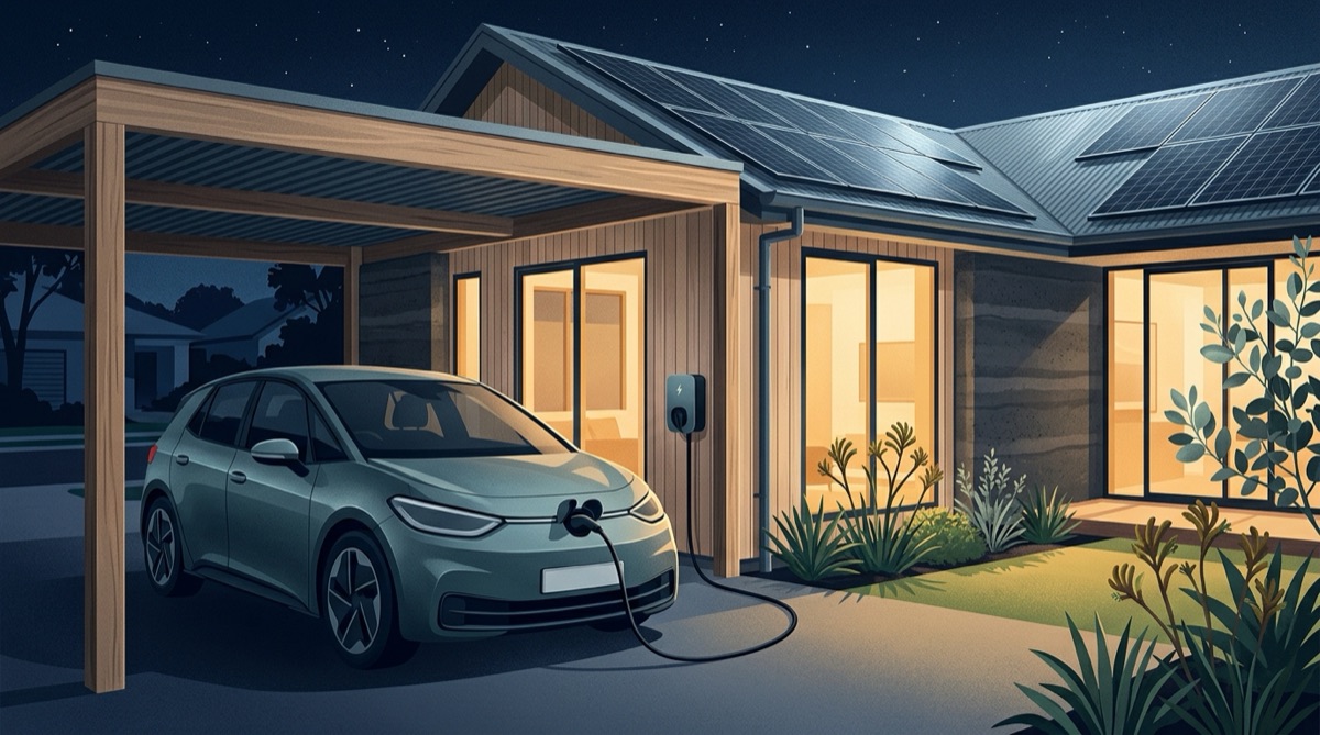 Illustration of an unbranded compact electric hatchback in a carport at night, cabled to a wall box that lights the house behind it, rooftop solar on the roof