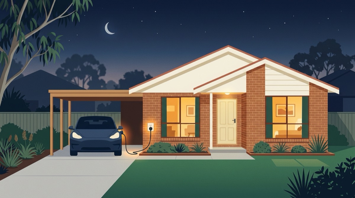Illustration of an electric car charging overnight from a powerpoint in the carport of an Australian home