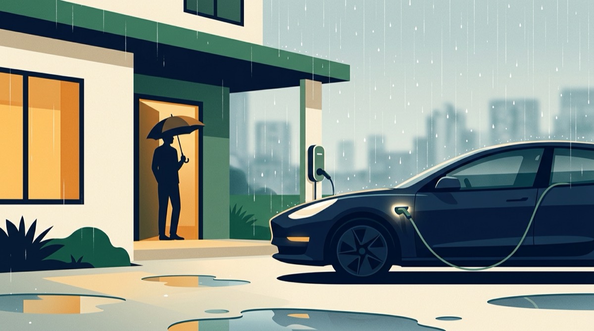Illustration of an electric car charging under a house eave in the rain while a person watches from the doorway with an umbrella