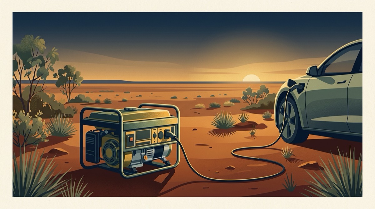 Illustration of a portable generator on red outback earth charging an electric car at dusk