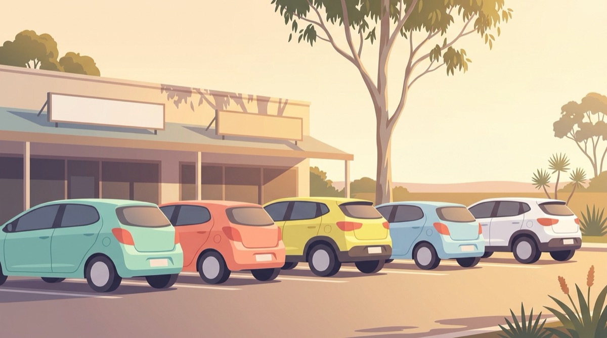 Illustration of five small unbranded electric hatchbacks and compact SUVs in bright colours parked outside a suburban shopping strip under a gum tree