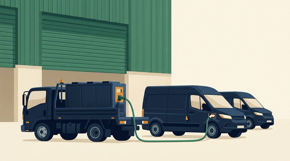 Illustration of a service truck with a battery unit charging a delivery van in a depot yard