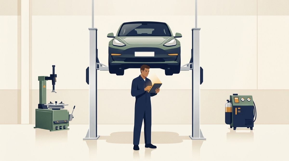 Illustration of an electric car on a workshop hoist with a mechanic checking a tablet beneath it