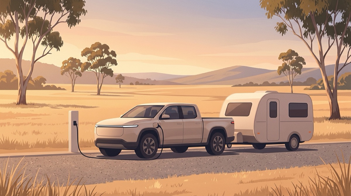 Illustration of an unbranded dual-cab electric ute towing a small caravan, plugged into a roadside charging post in dry country paddocks