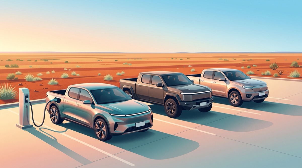 Illustration of three unbranded electric dual-cab utes lined up on a dealer forecourt at sunrise with red dirt and spinifex in the distance
