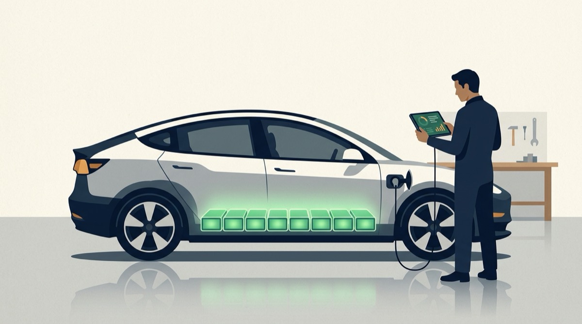 Illustration of a technician with a diagnostic tablet beside an electric car with its glowing battery modules visible under the floor
