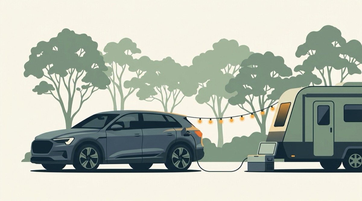 Illustration of an electric SUV at a bush campsite powering a 12V fridge and string lights beside a camper trailer
