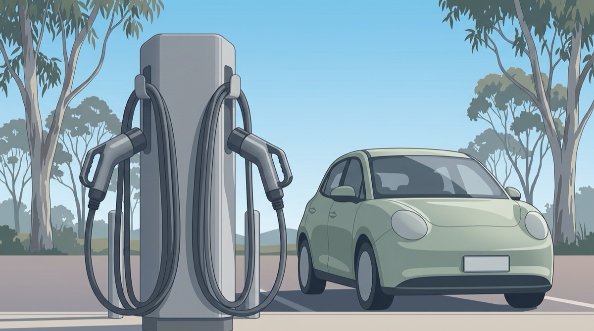 Illustration of a DC fast charging post with two tethered charging cables beside a small electric hatchback under gum trees