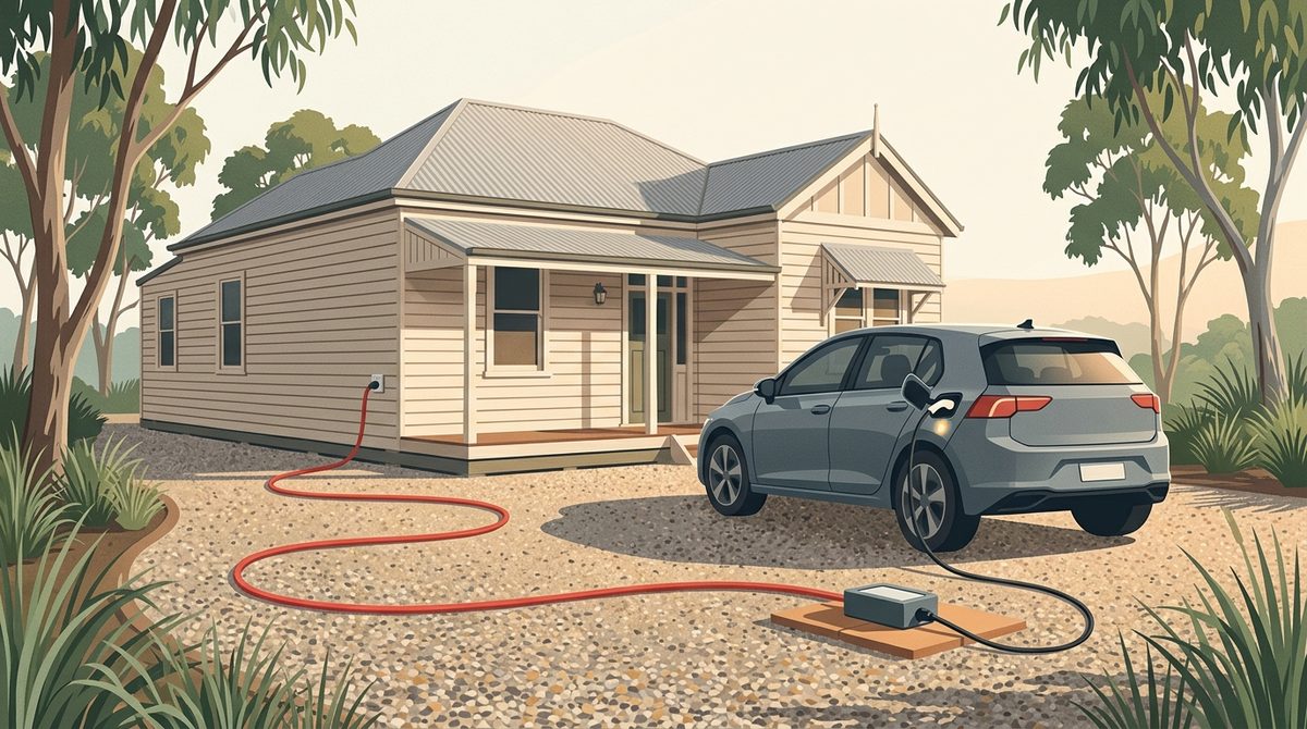 Illustration of a portable EV charger plugged into a heavy-duty extension lead running from a weatherboard house to an electric car in the driveway