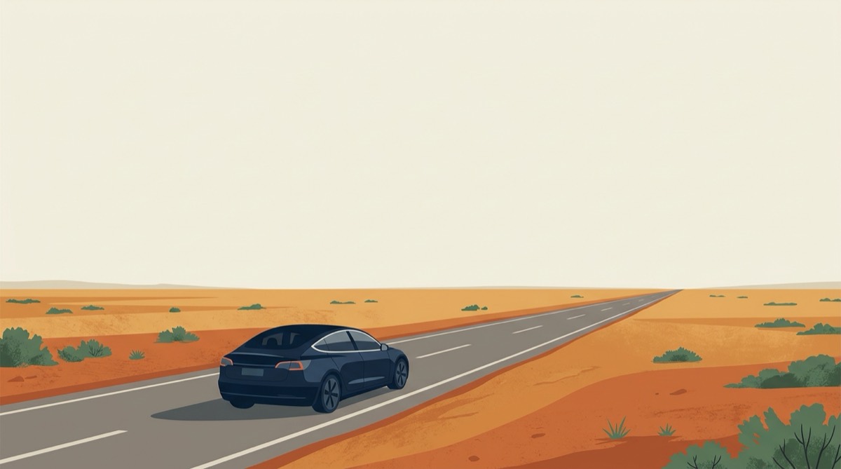 Illustration of a lone electric car on a dead-straight empty outback highway under a vast sky
