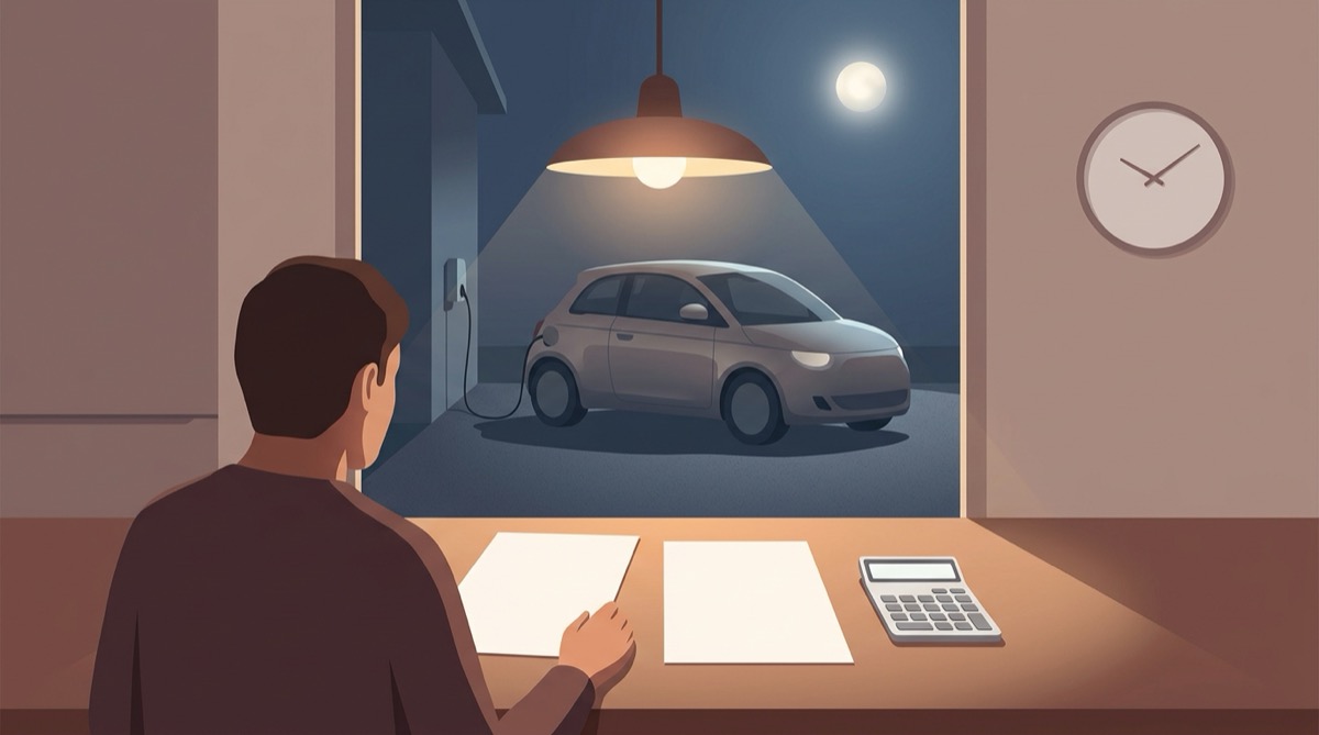 Illustration of a person at a kitchen table at night comparing two electricity offers with a calculator while an electric car charges in the driveway outside