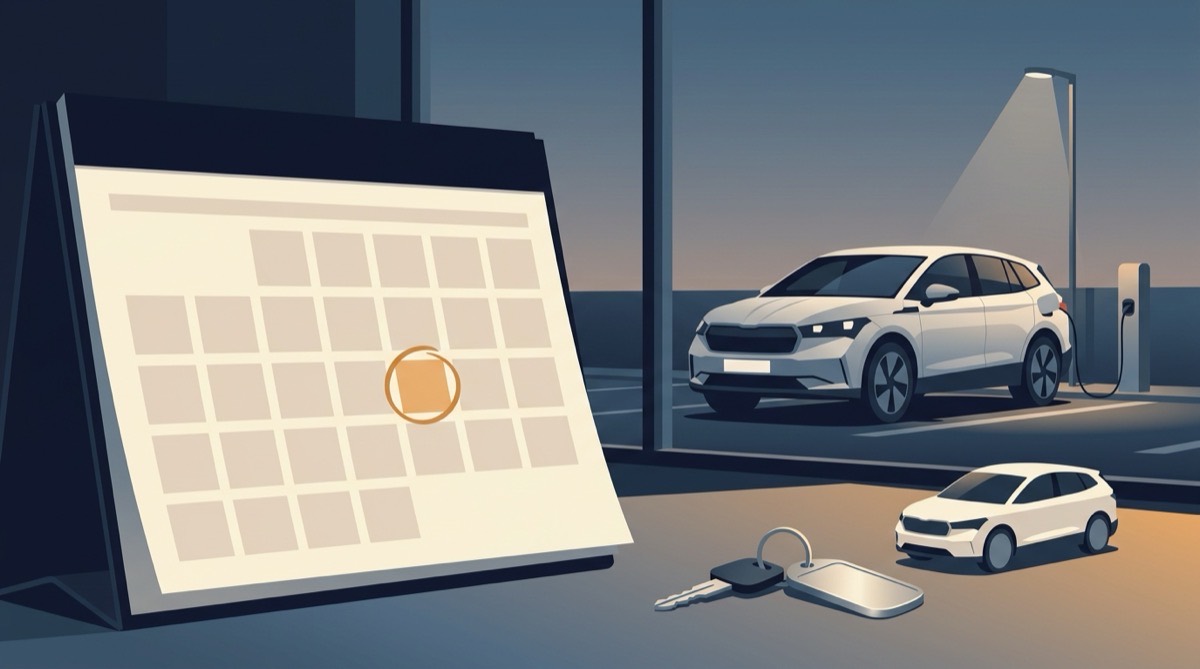 Illustration of a blank wall calendar with one date circled, car keys on a desk, and an electric SUV charging in a car park outside the window at dusk