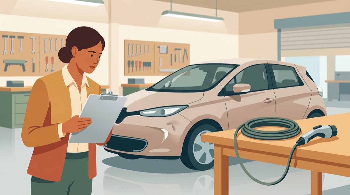 Illustration of an assessor with a clipboard inspecting a dented electric car in a repair workshop, with a charging cable coiled on the bench