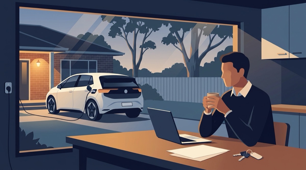 Illustration of a person at a kitchen table with a laptop and car keys, a new electric car charging in the driveway outside at dusk
