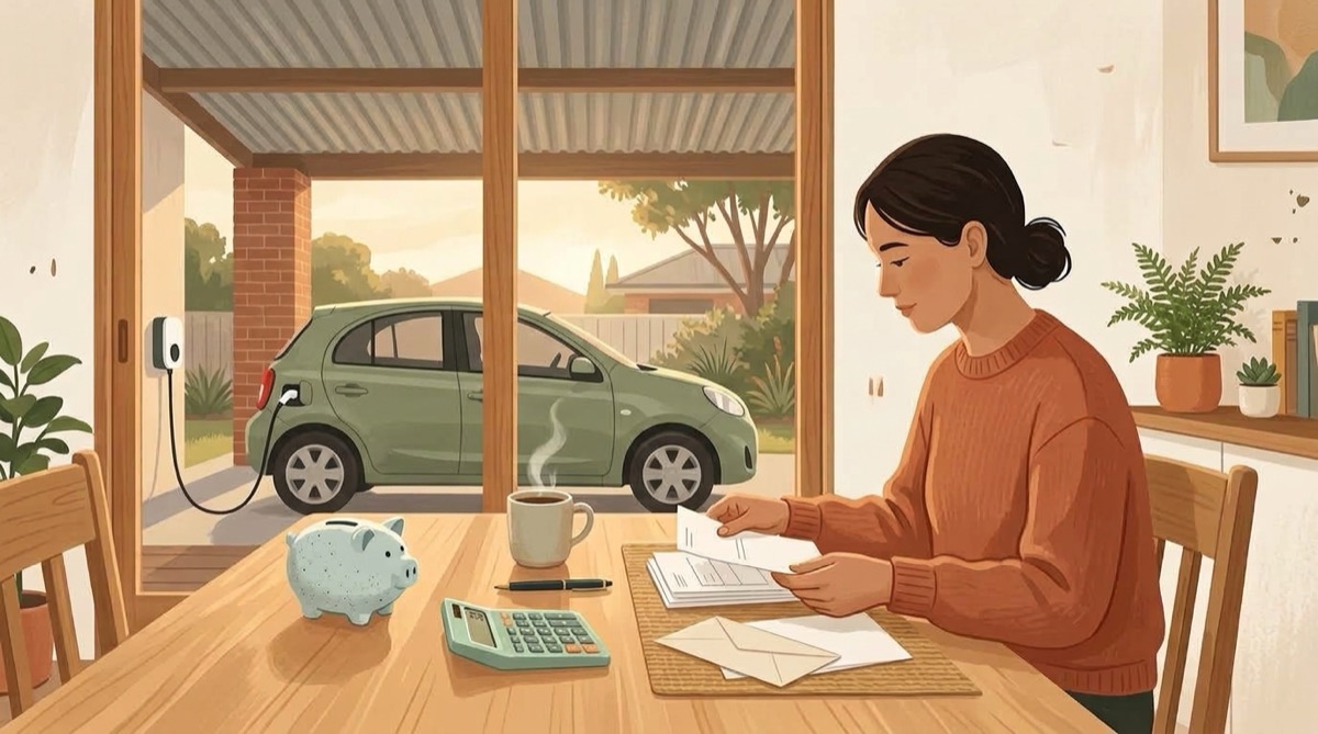 Illustration of a person at a kitchen table sorting paperwork with a calculator and piggy bank, a small electric hatchback plugged into a wall charger in the carport outside