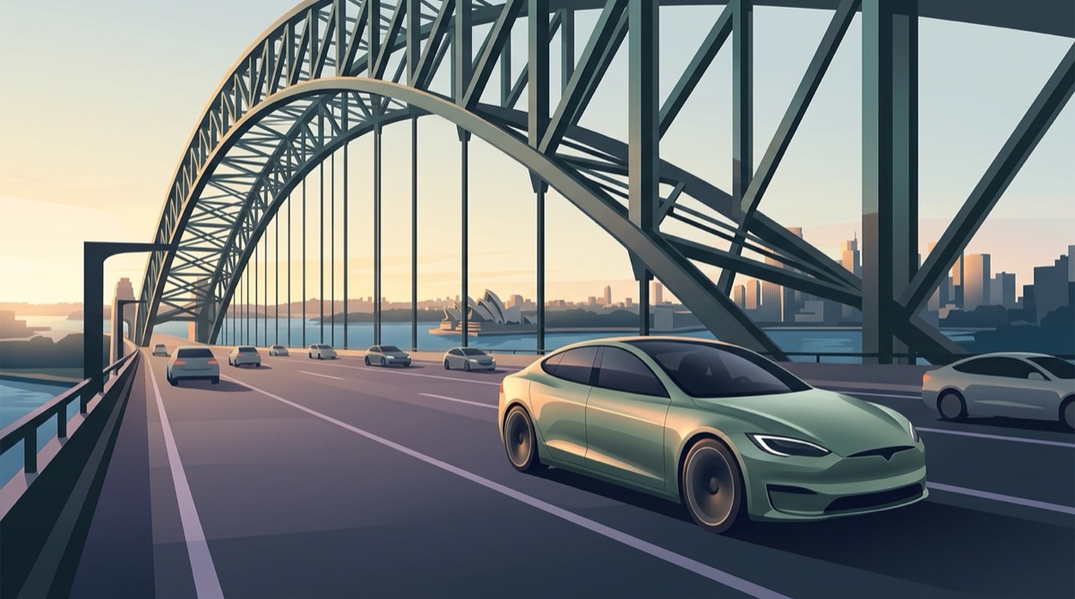 Illustration of an unbranded electric sedan crossing the Sydney Harbour Bridge in early morning light with the city skyline behind
