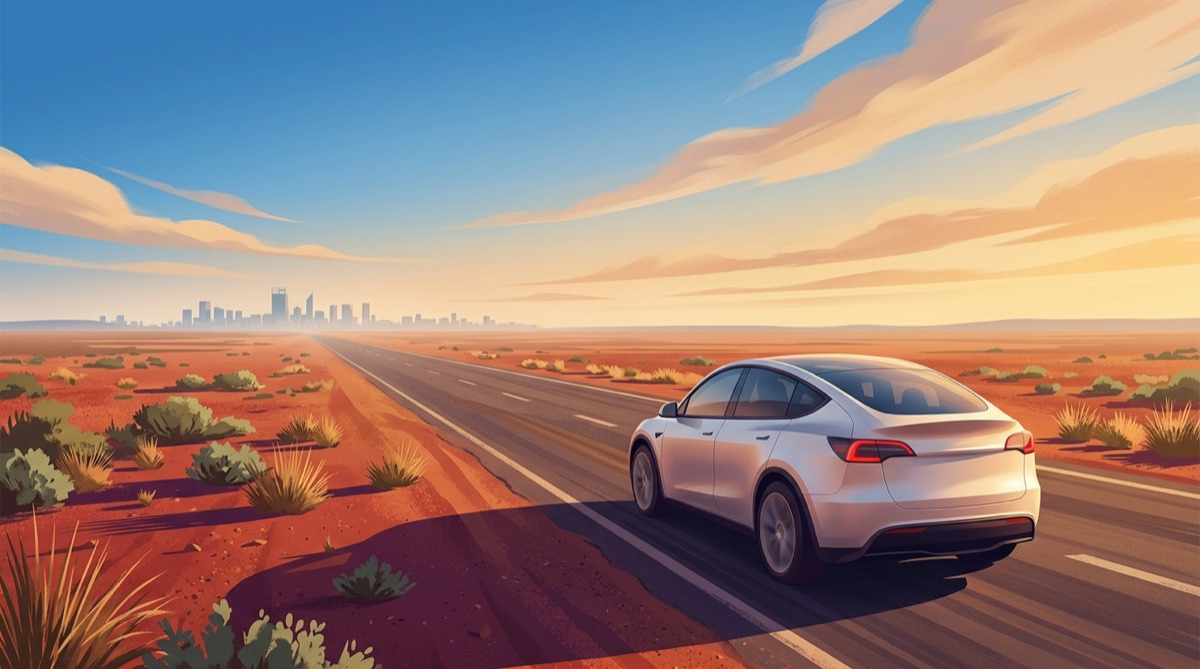 Illustration of an unbranded electric SUV on a long straight Western Australian highway with red earth either side and the Perth skyline faint on the horizon
