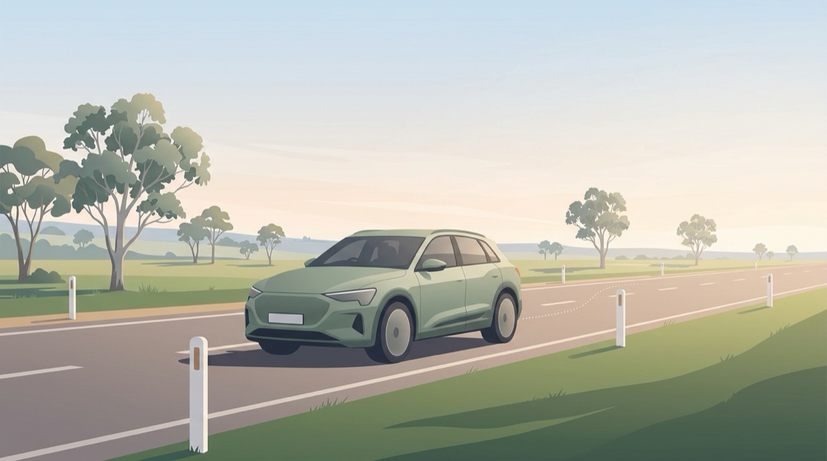 Illustration of an electric SUV driving along a quiet country highway lined with gum trees and white roadside marker posts in soft morning light