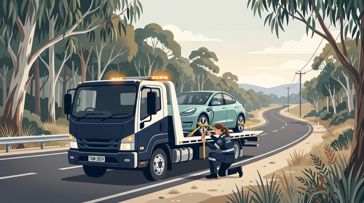 Illustration of a flatbed tow truck carrying an electric car on a treelined Australian rural road