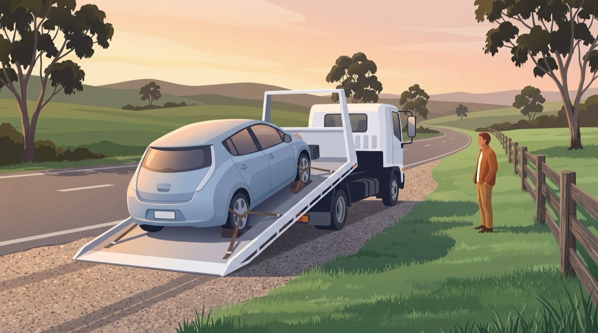 Illustration of an electric hatchback strapped onto an unmarked tilt-tray tow truck on a country road through green Victorian hills