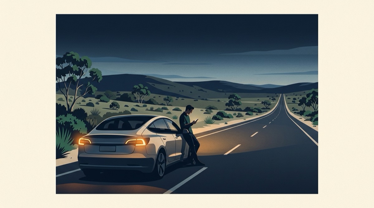 Illustration of a driver checking a phone beside an electric car stopped on a highway shoulder at dusk