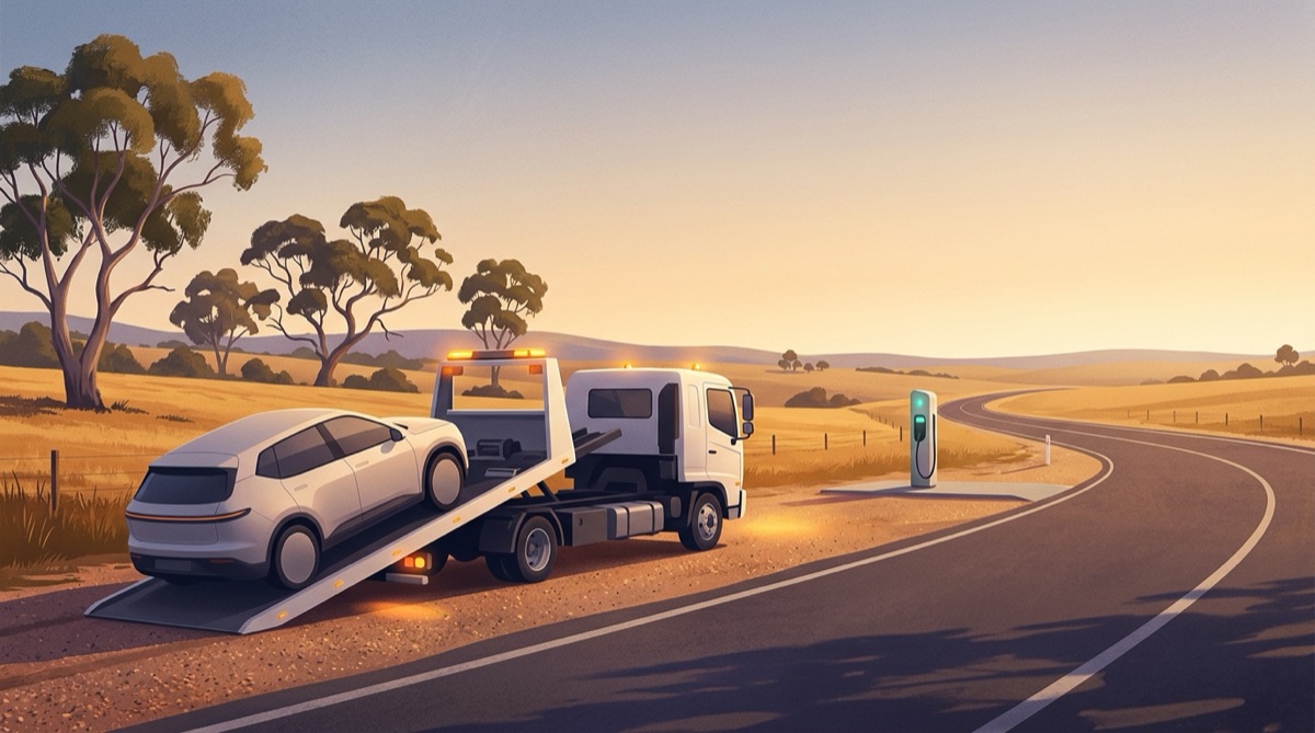 Illustration of a plain tilt-tray tow truck loading an unbranded electric SUV beside a country highway at golden hour, with a public charger a short way down the road
