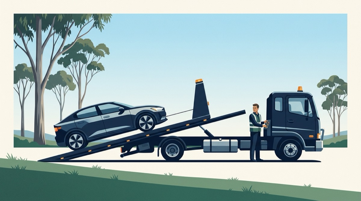 Illustration of an electric car being winched onto the lowered tray of a tilt-tray tow truck