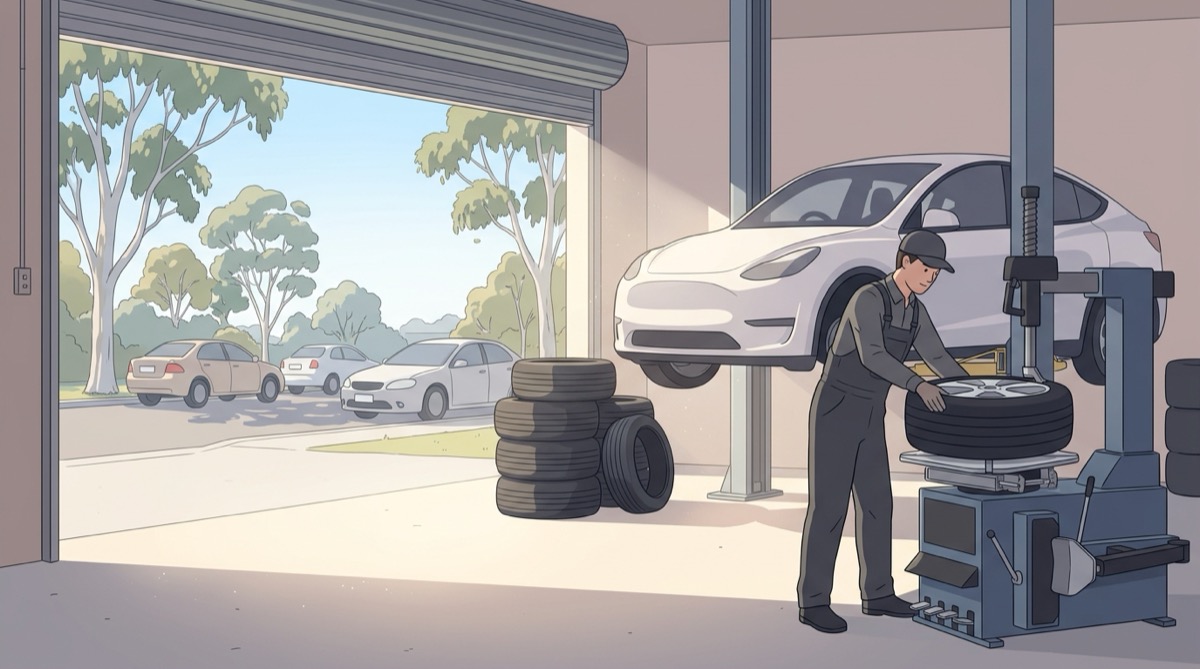 Illustration of a tyre technician fitting a new tyre in a suburban tyre shop while an electric crossover waits on the hoist