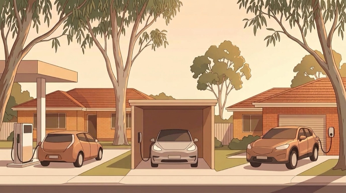 Illustration of three cars on an Australian suburban street: a hatchback at a petrol pump, an electric car charging in a carport and an SUV charging from a wall charger in a driveway