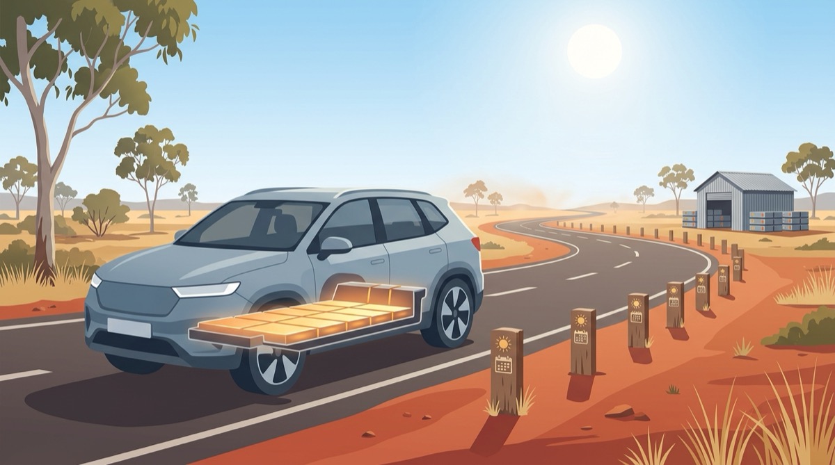 Illustration of an electric SUV on a sunny outback highway with its floor battery pack shown in glowing modules, milestone posts along the road and a shed of stacked battery modules in the distance
