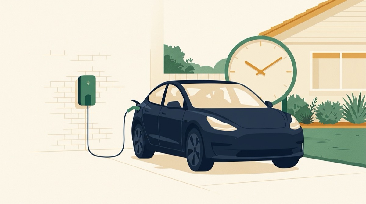 Illustration of an electric car charging at home beside an oversized clock