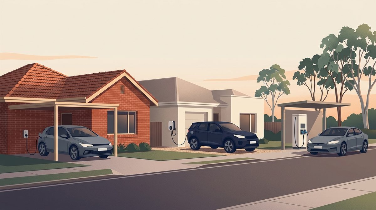 Illustration of three ways to charge an electric car side by side: a powerpoint in a carport, a wall-mounted home charger, and a public fast charger under a canopy