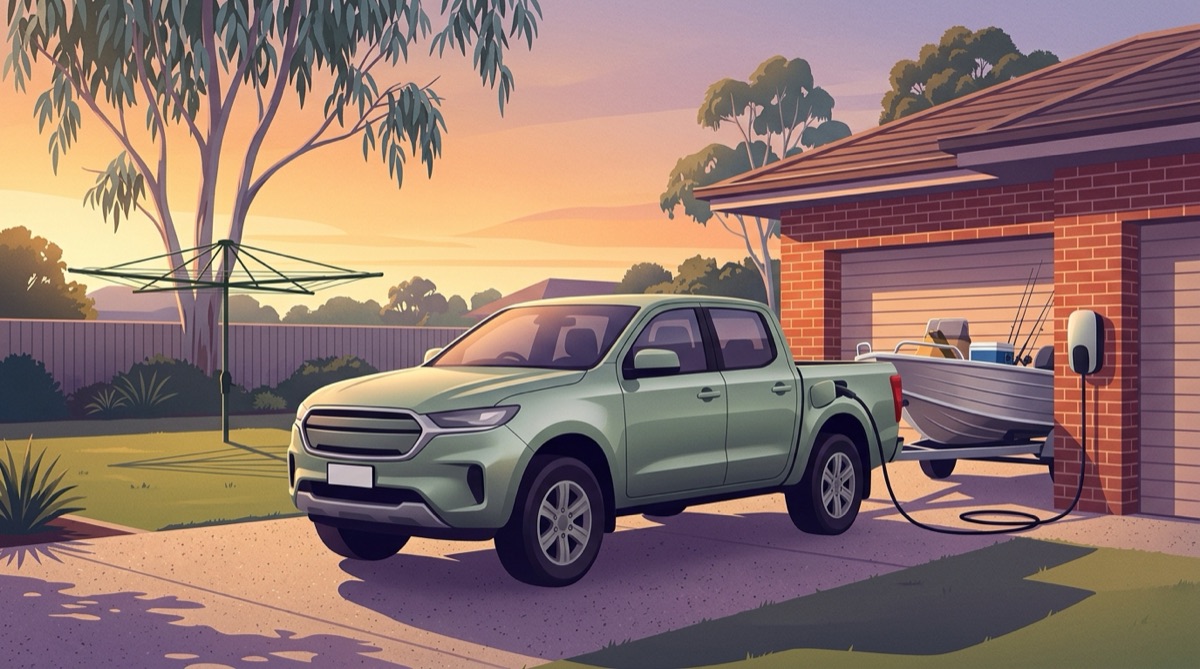 Illustration of an unbranded dual-cab plug-in hybrid ute charging in a suburban Australian driveway at dusk with a boat on a trailer behind it