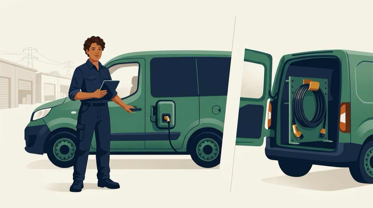 Illustration of an operator with a tablet beside a green van fitted out with a mobile EV charging unit and cable rack