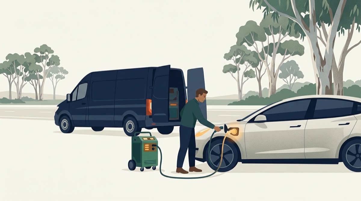 Illustration of an operator connecting a wheeled portable charging unit from a service van to a stranded electric car