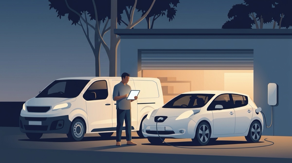 Illustration of a small-business owner with a tablet beside an electric van and an electric hatchback charging outside a workshop at dusk