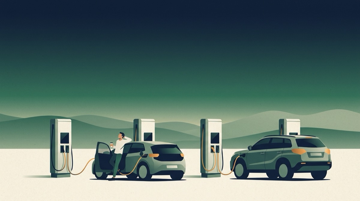 Illustration of electric cars charging at a row of fast chargers at a highway rest stop at dusk