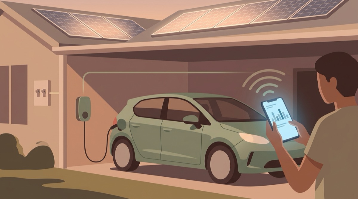 Illustration of a person in a carport scheduling an electric car's charging on a phone app, with a wall charger, switchboard and rooftop solar panels