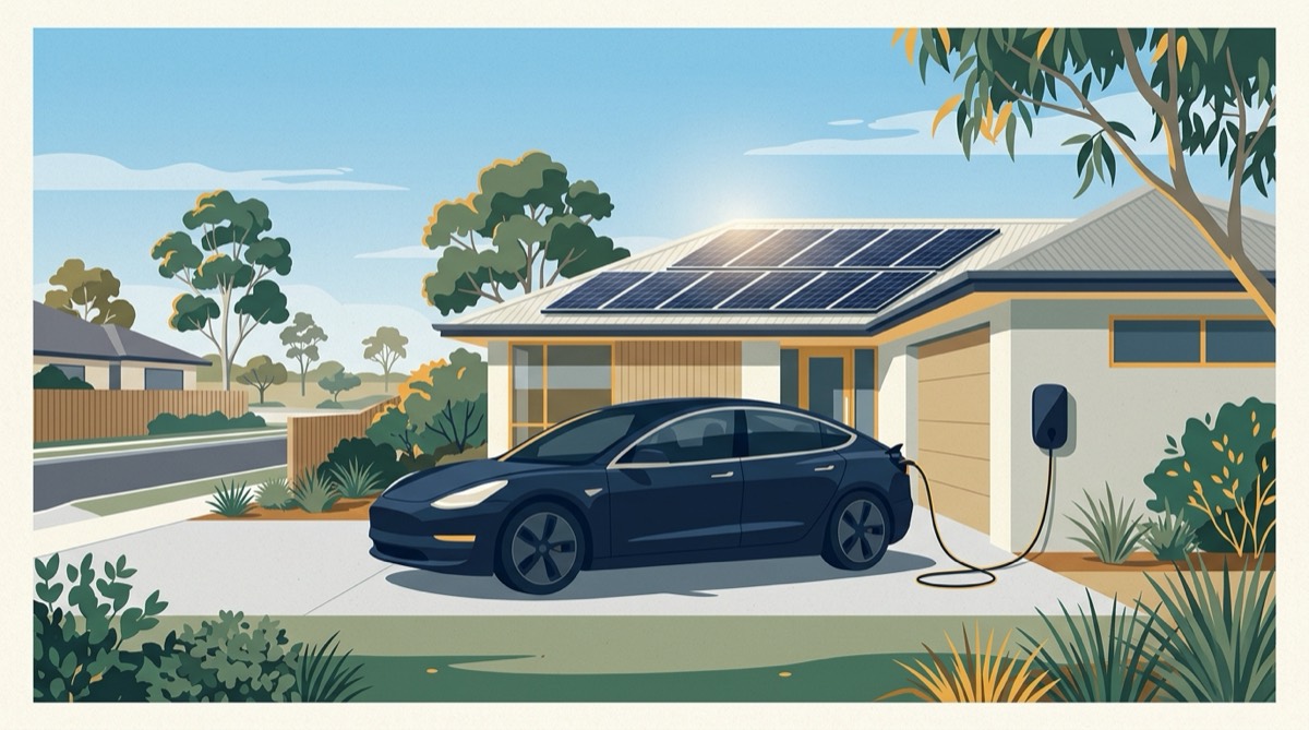 Illustration of an Australian home with rooftop solar panels and an electric car charging from a wall charger in the driveway