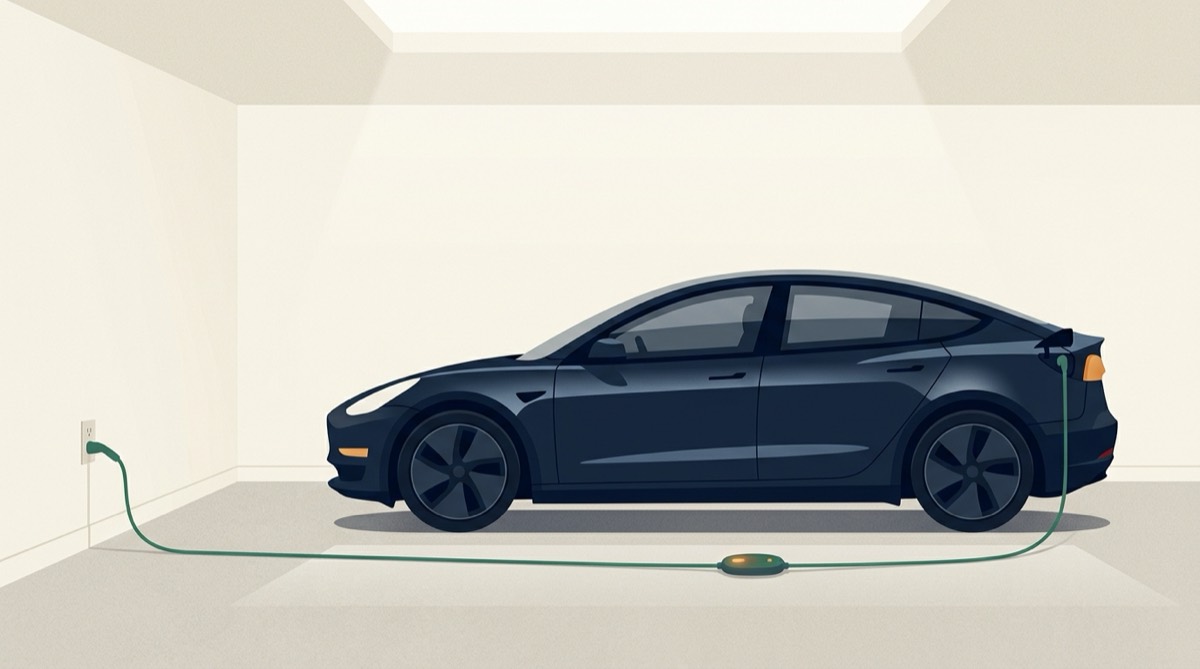 Illustration of an electric sedan charging from a garage powerpoint via a portable connector cable