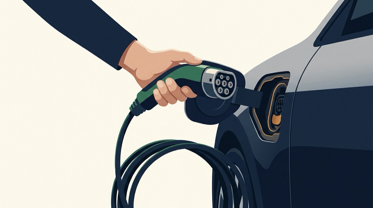 Illustration of a hand holding a round seven-pin Type 2 charging connector toward an electric car's open charge port