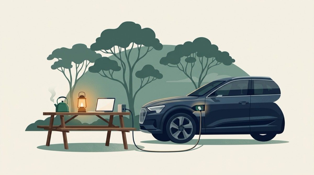 Illustration of an electric SUV powering a kettle, laptop and lantern on a campsite table through a vehicle-to-load adaptor