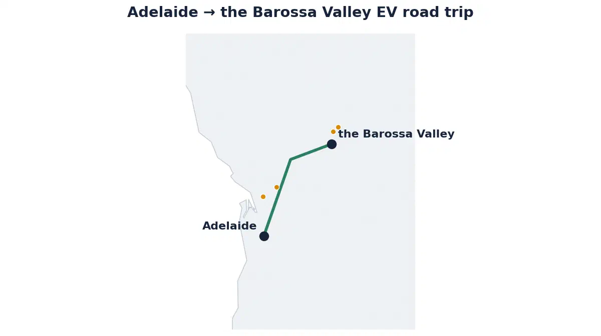 Map of the Adelaide to the Barossa Valley EV road trip showing the route and its fast-charging stops