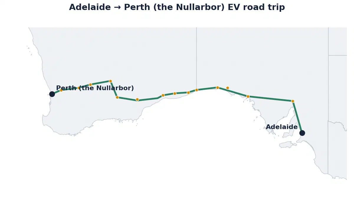 Map of the Adelaide to Perth EV road trip showing the route and its fast-charging stops